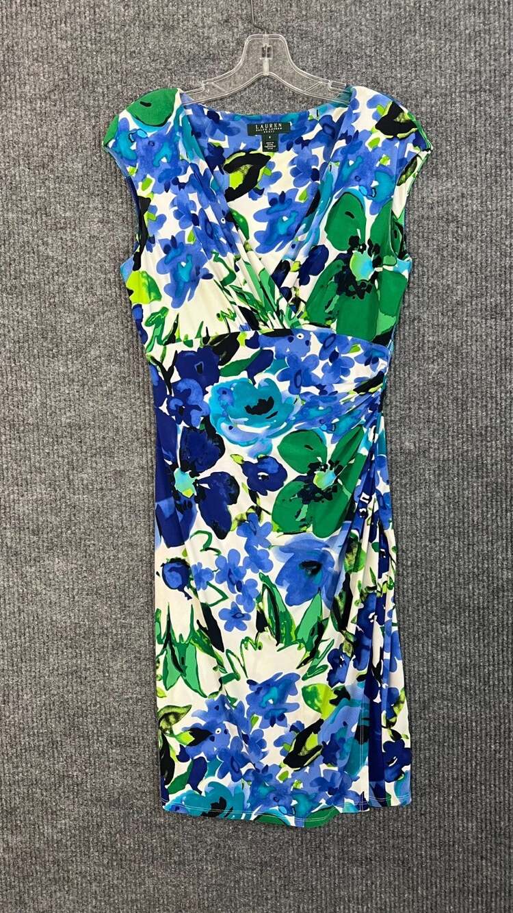 Ralph Lauren Sheath Dress Womens 6 Multi Color Floral Cap Sleeve Stretch Office